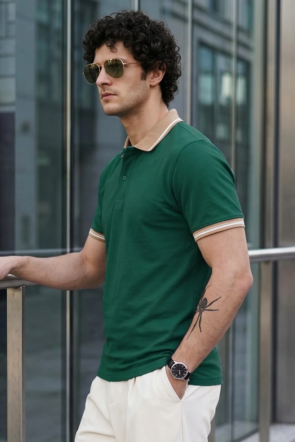 Green Pique Contrast Collar Regular Fit Tipping Polo T-shirt - Image 3