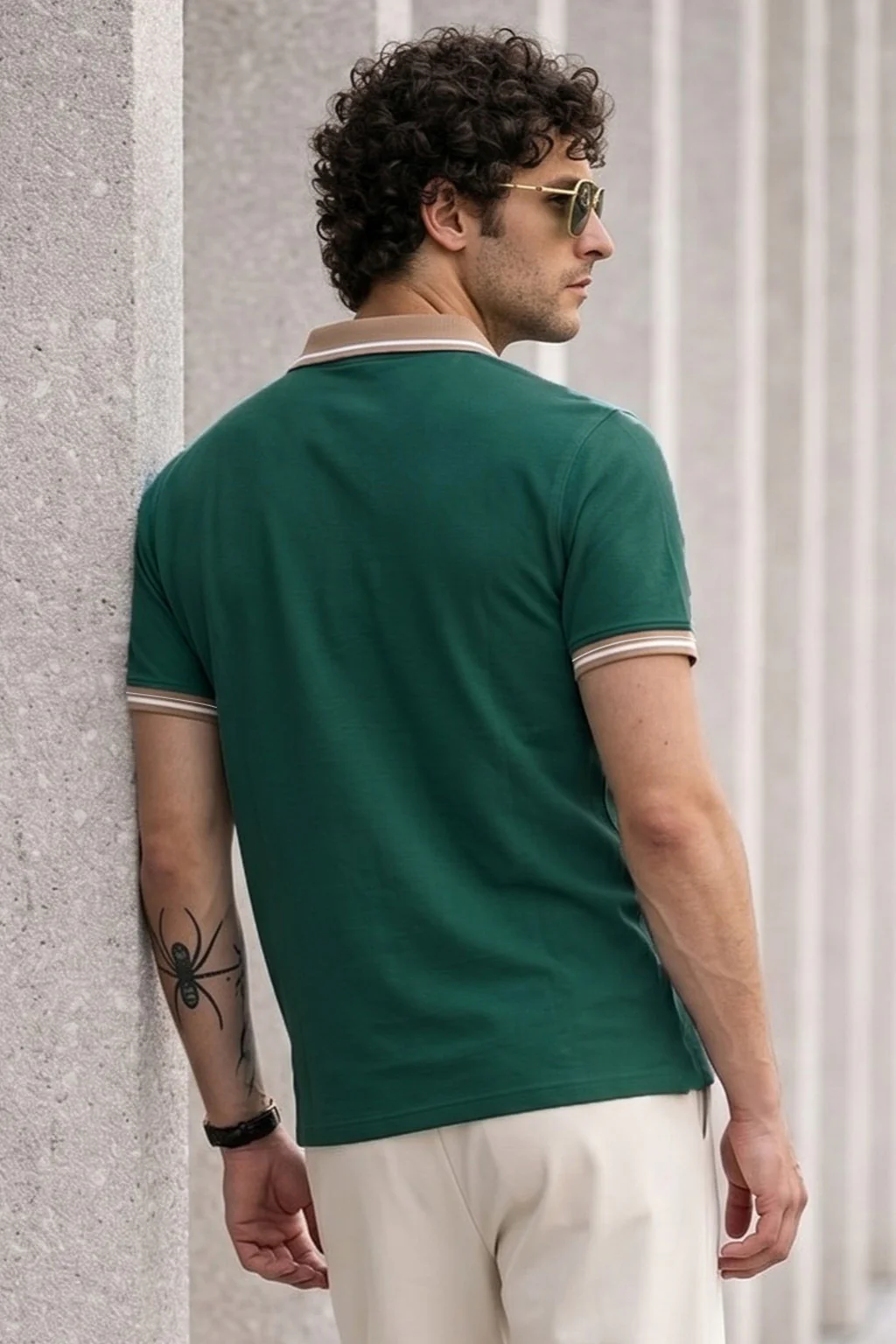 Green Pique Contrast Collar Regular Fit Tipping Polo T-shirt - Image 4