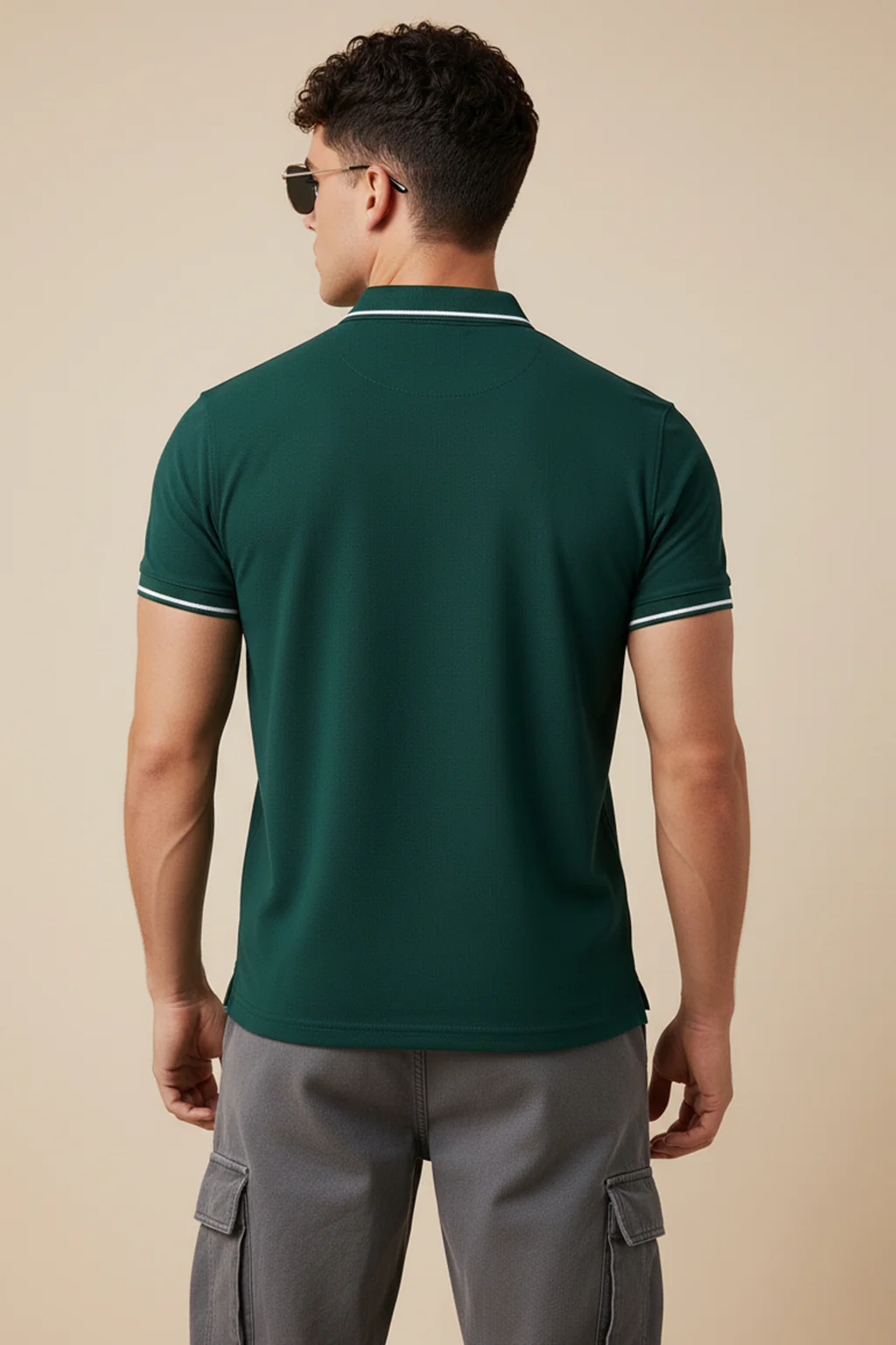 Green Pique Stripe Collar Regular Fit Tipping Polo T-shirt - Image 2