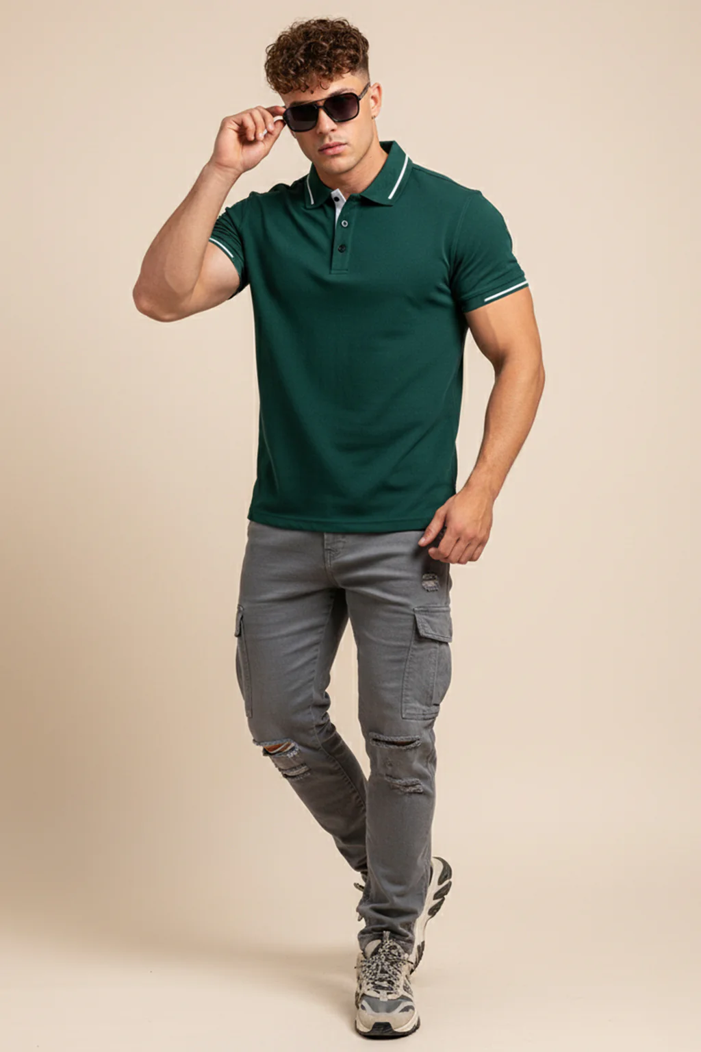 Green Pique Stripe Collar Regular Fit Tipping Polo T-shirt - Image 3