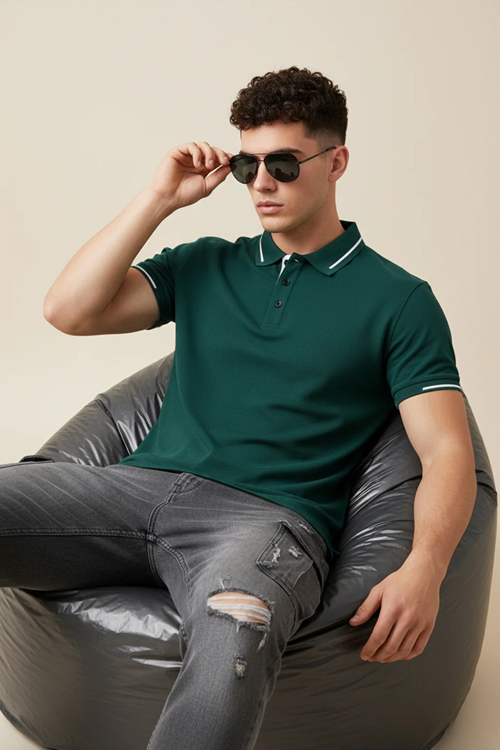 Green Pique Stripe Collar Regular Fit Tipping Polo T-shirt - Image 4