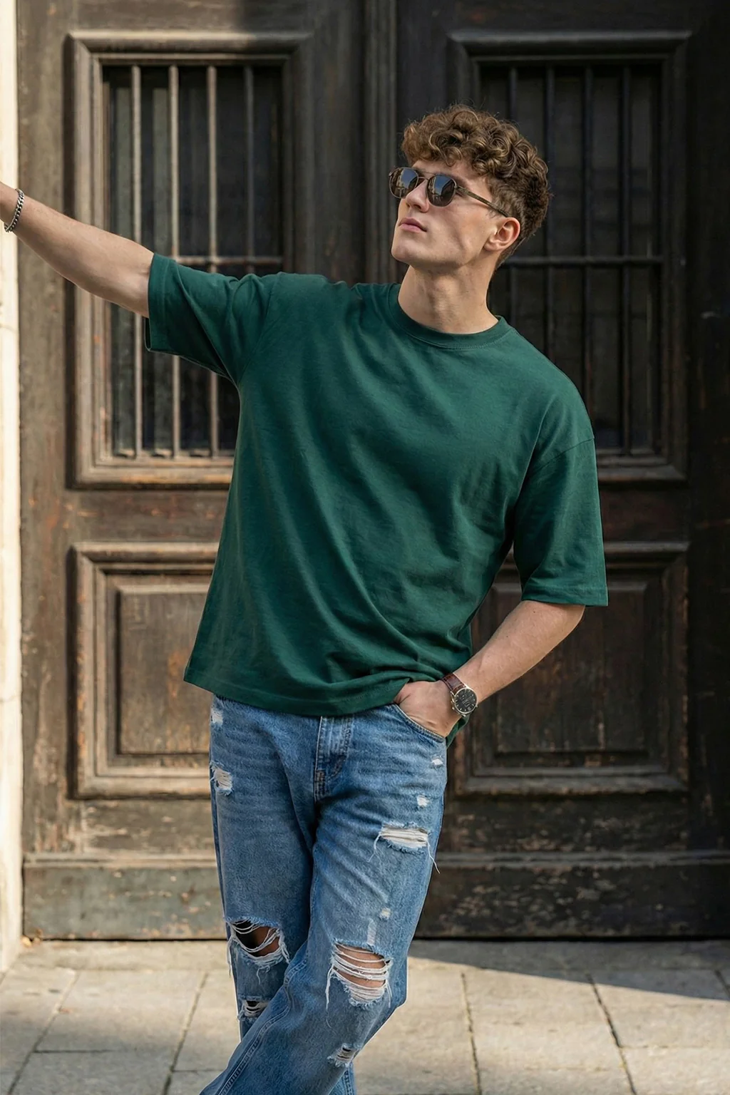 Dark Green Plain Oversized T-shirt - Image 3