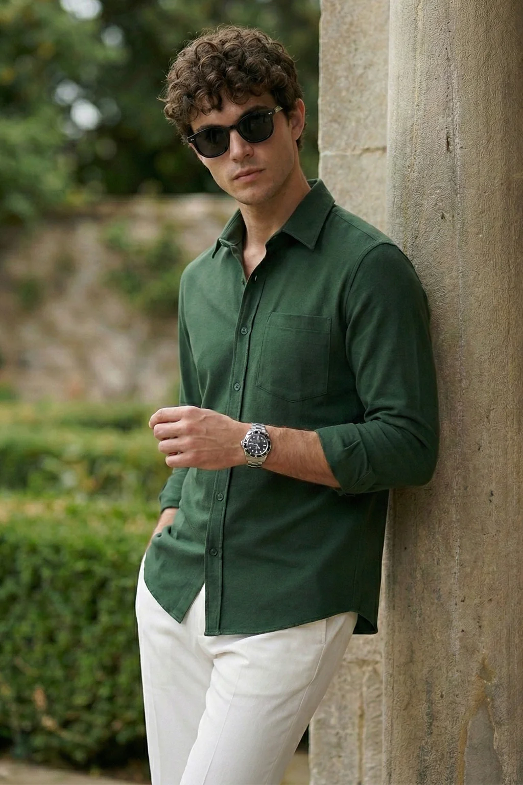 Green Plain Regular Fit Single Pocket Full Sleeve Exclusive Shirt - Image 2