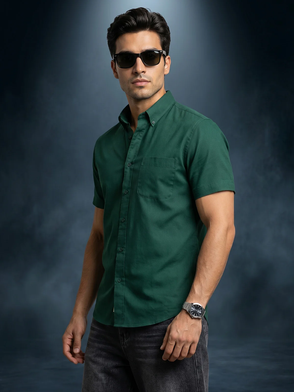 Green Plain Regular Fit Half Sleeve Single Pocket Exclusive Shirt - Image 3