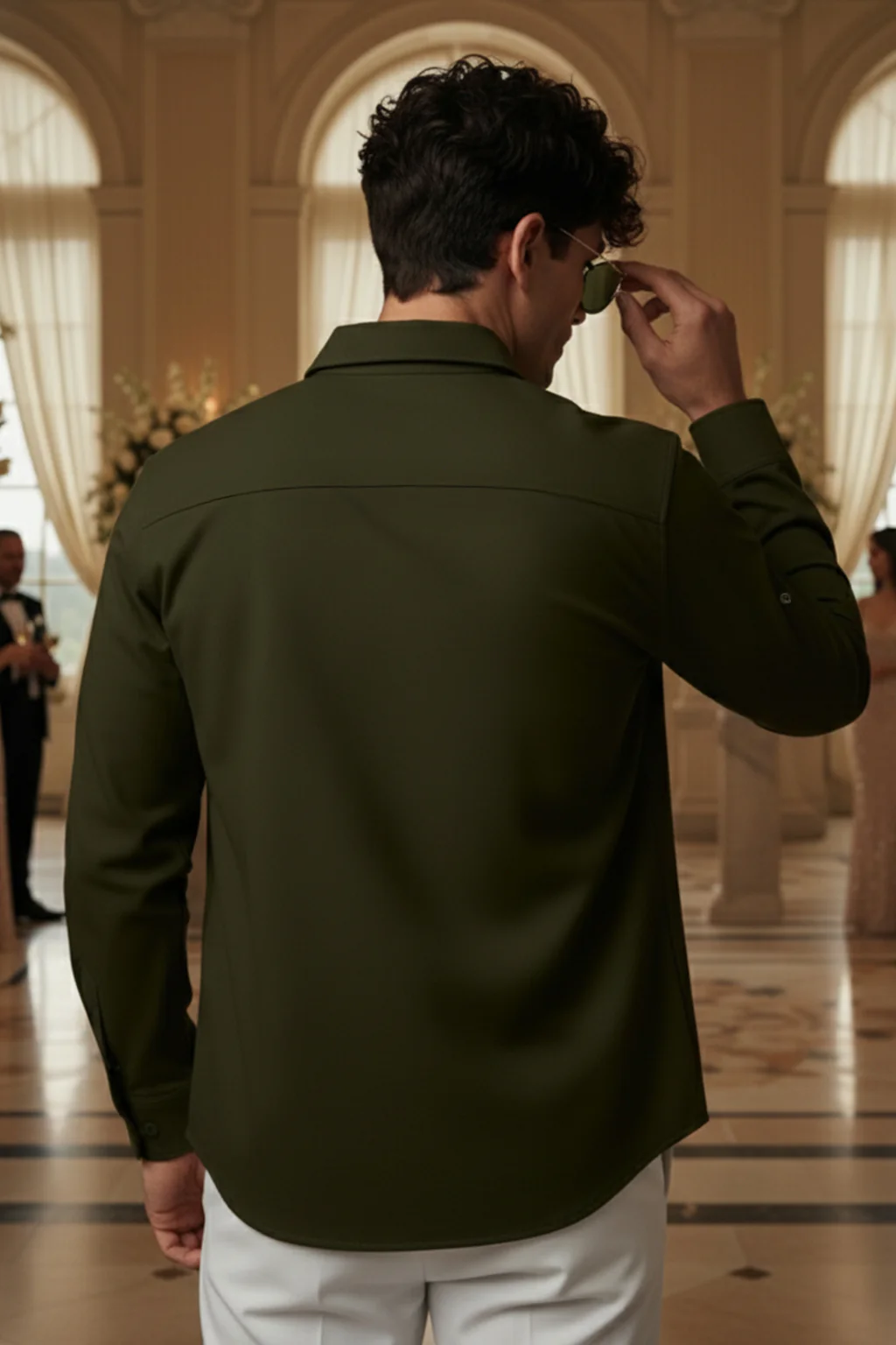Green Plain Relaxed Fit Full Sleeve Dual Pocket Utility Exclusive Shirt - Image 4