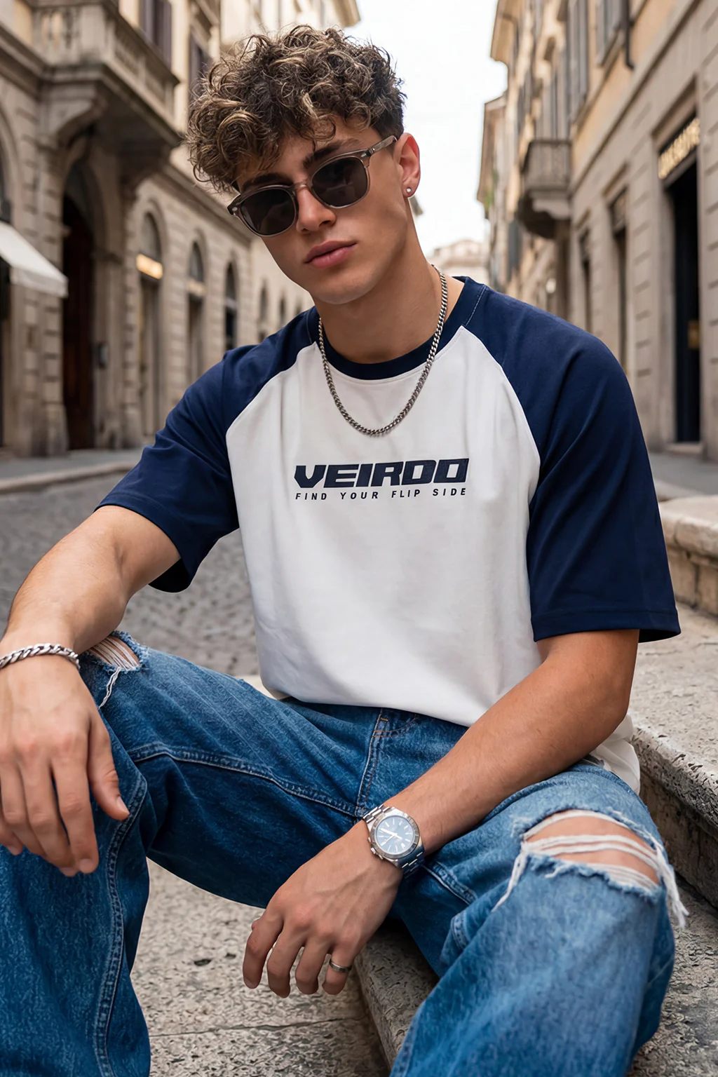 Grey-Navy Raglan Oversized Typography Printed T-shirt - Image 2