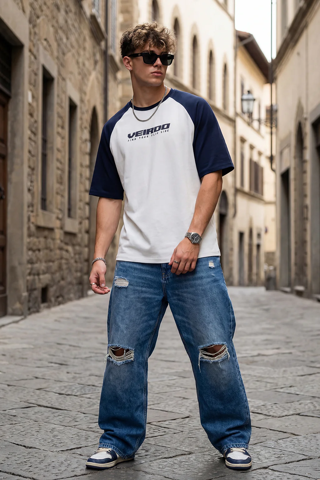 Grey-Navy Raglan Oversized Typography Printed T-shirt - Image 4