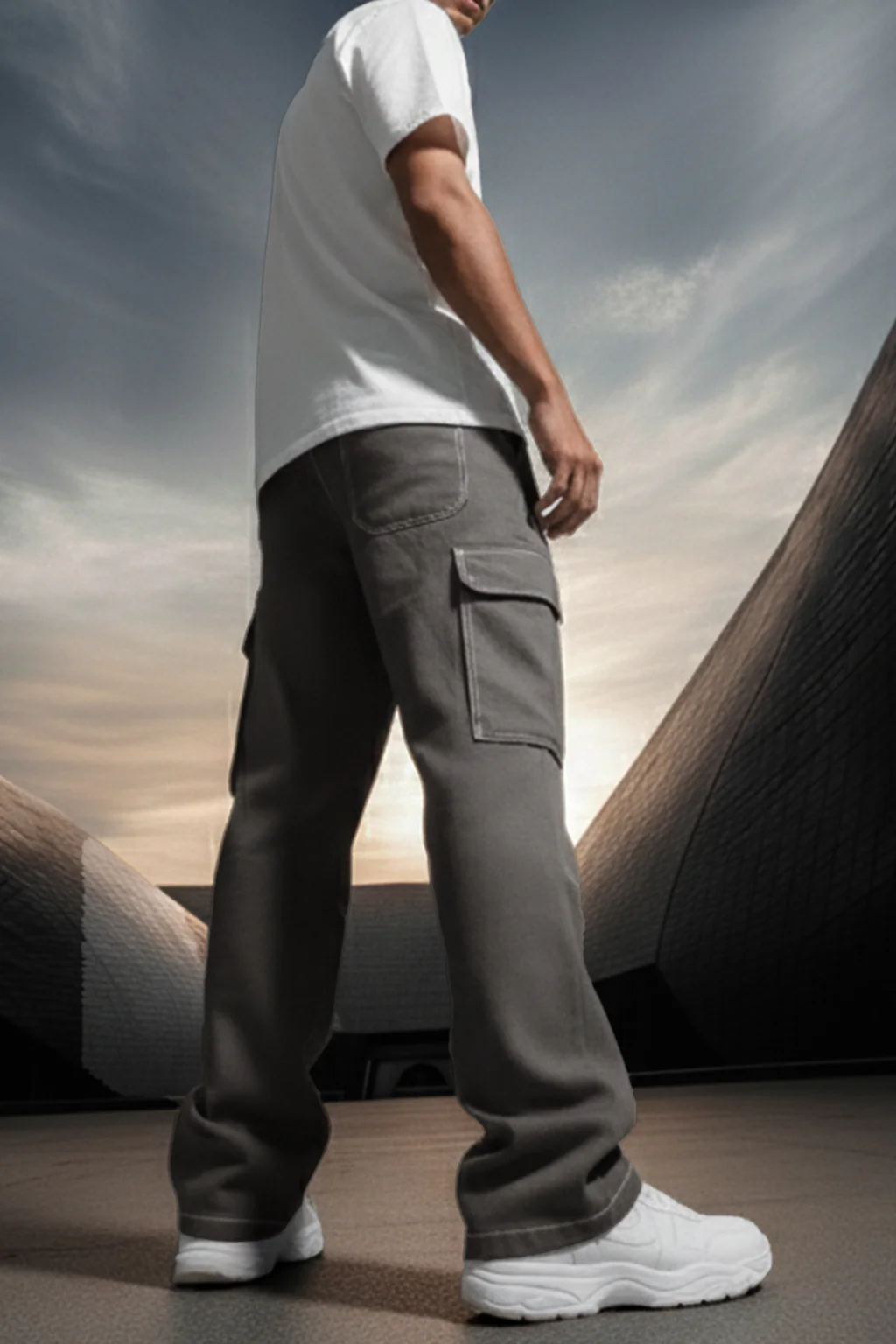 Grey Pure Woven Straight Fit 5 Pocket Cargo - Image 4