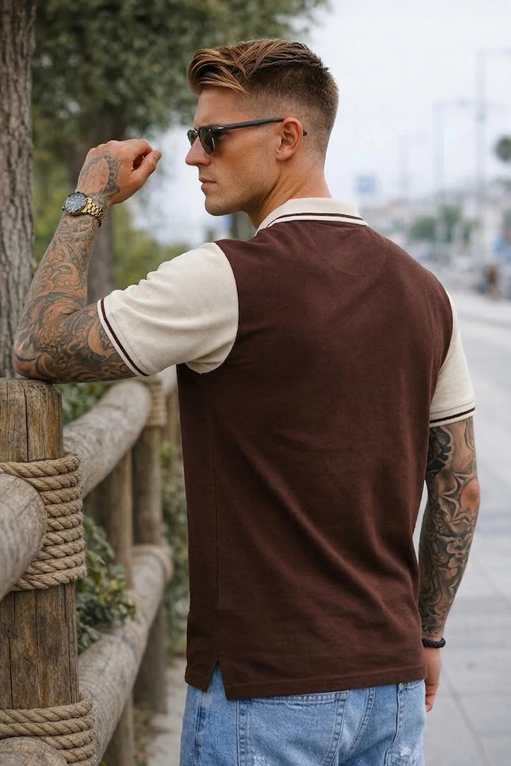 Guitar Brown Contrast Stripped Collar Economic Regular Fit Pique Polo - Image 3