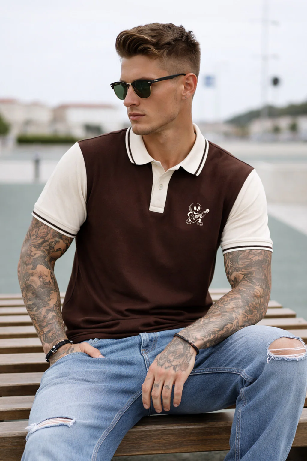Guitar Brown Contrast Stripped Collar Economic Regular Fit Pique Polo - Image 4