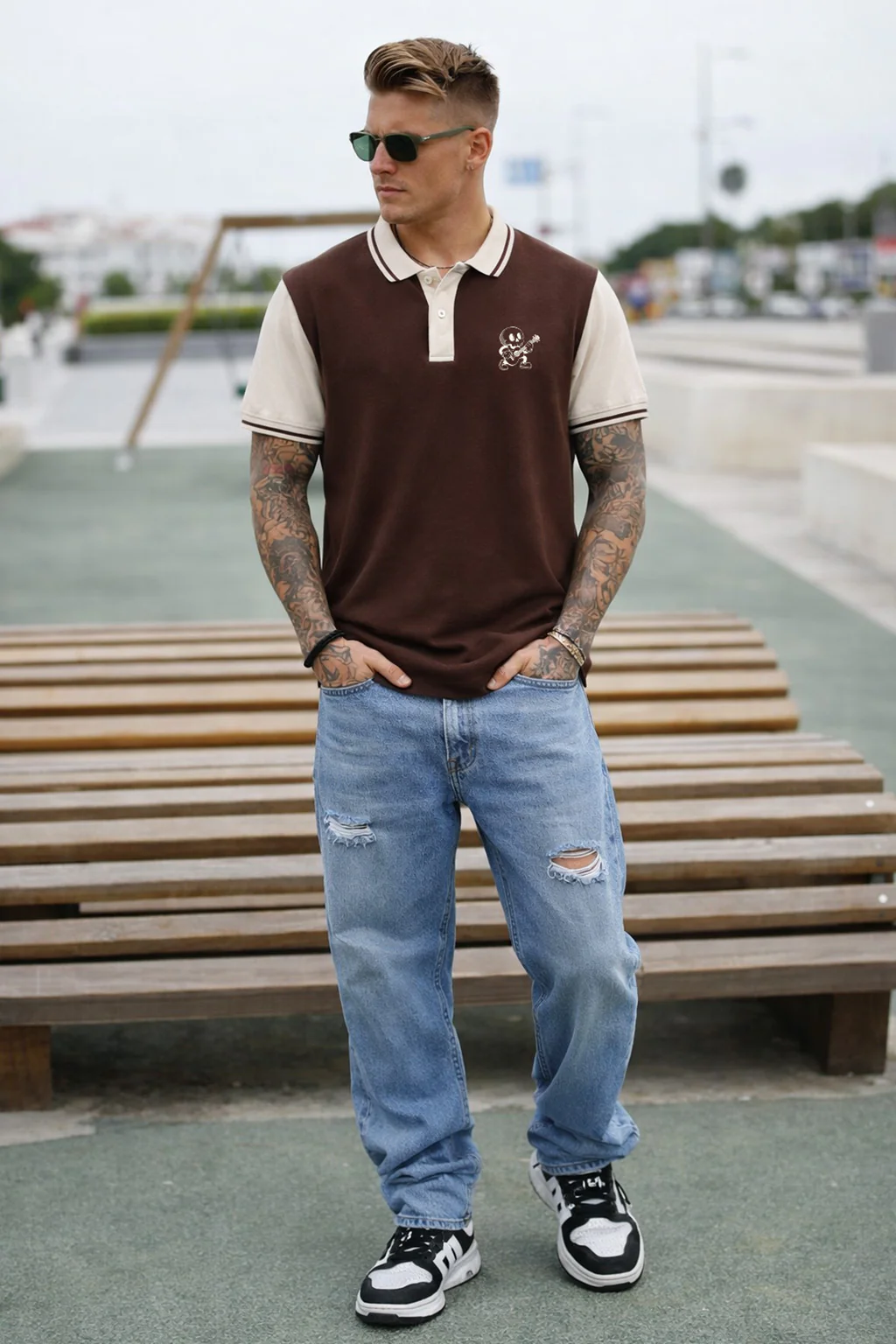 Guitar Brown Contrast Stripped Collar Economic Regular Fit Pique Polo - Image 5