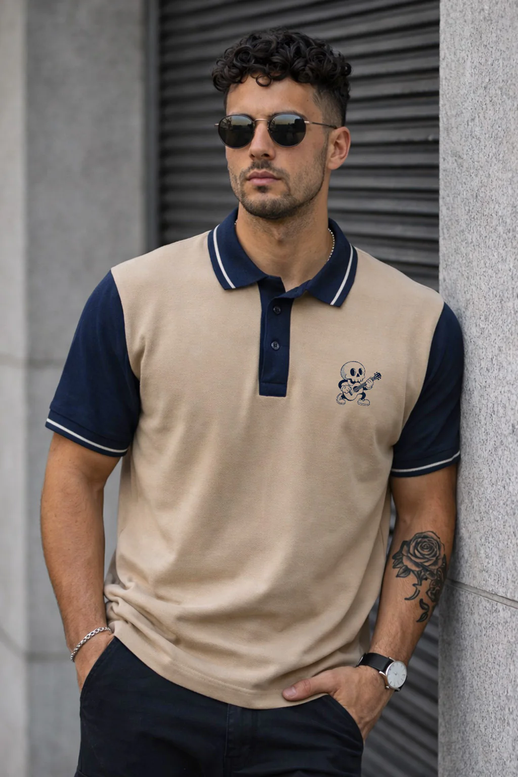 Guitar Swawhite Contrast Stripped Collar Economic Regular Fit Pique Polo - Image 3