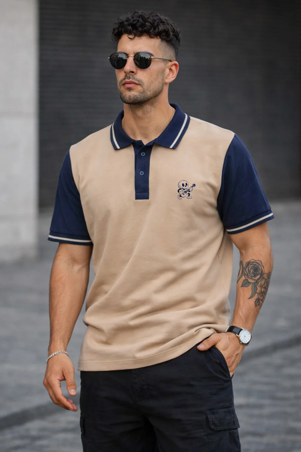 Guitar Swawhite Contrast Stripped Collar Economic Regular Fit Pique Polo - Image 5