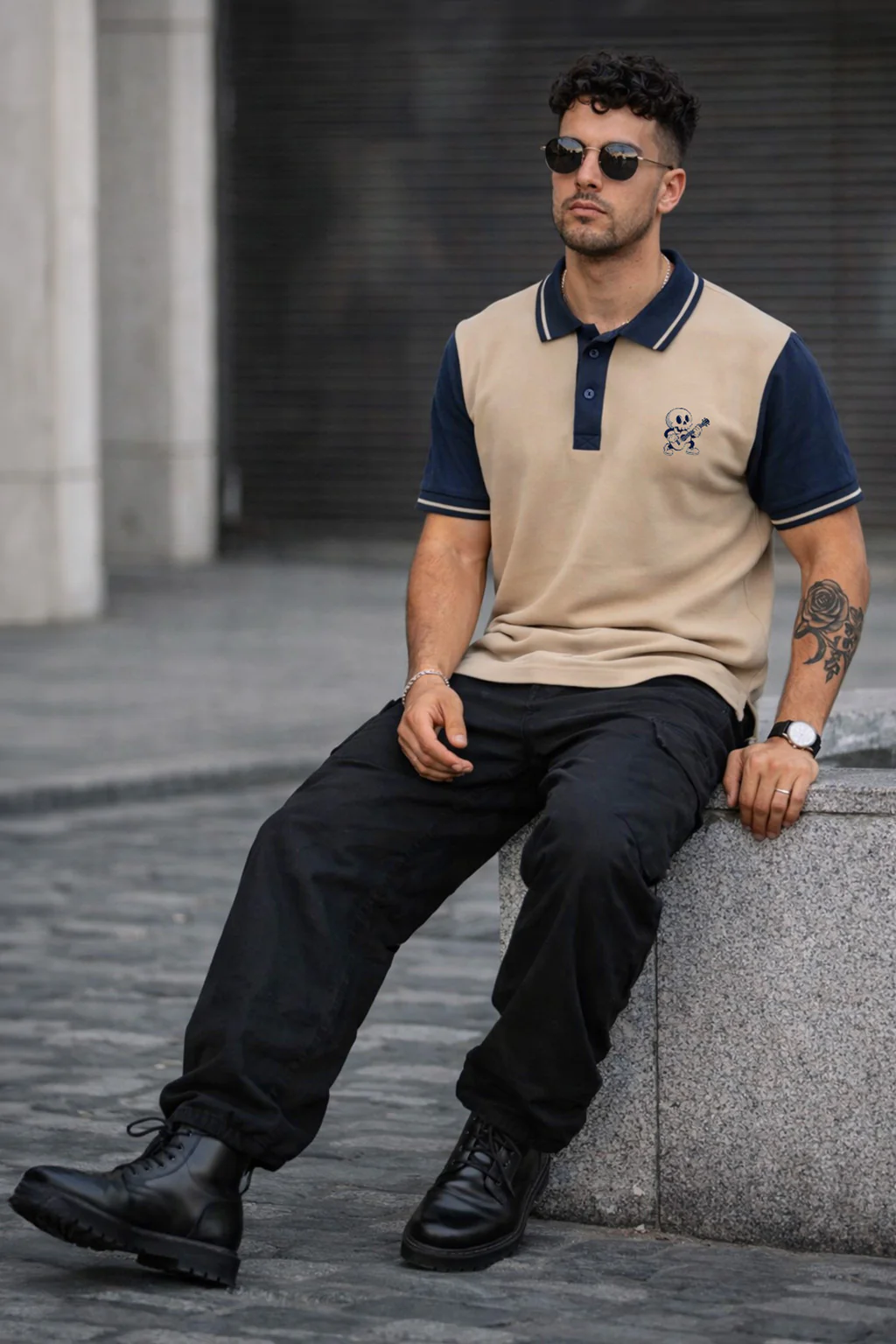 Guitar Swawhite Contrast Stripped Collar Economic Regular Fit Pique Polo - Image 6