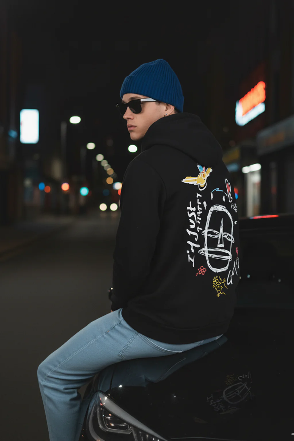 Happy Guy Black Regular Fit Back Printed Hoodie - Image 3