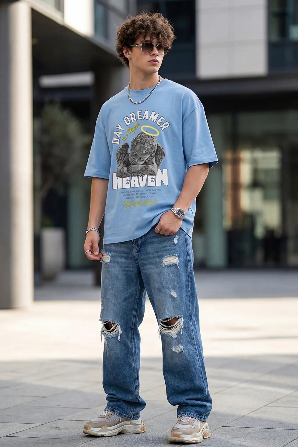 Heaven Blue Oversized Chest Graphic Printed T-shirt - Image 4