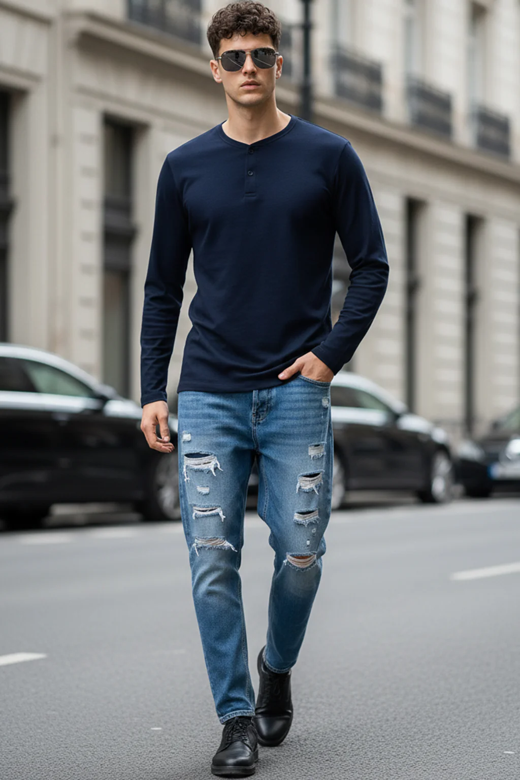 Henley Navy Solid T-shirt - Image 4