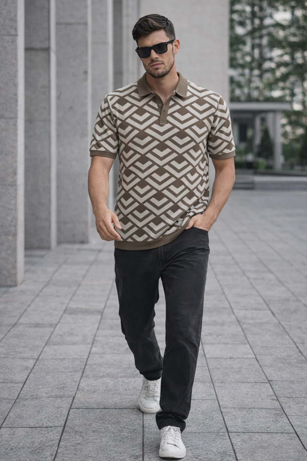 Heritage Taupe Brown Flatknit Textured Loose Fit Exclusive Polo T-Shirt - Image 4