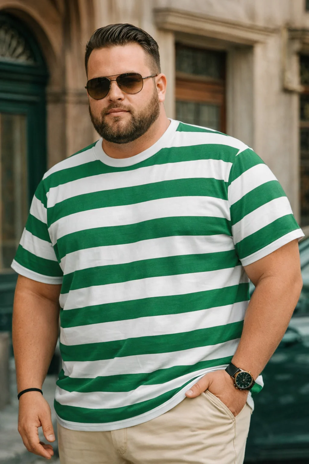 Heritage Stripe Green & White Plus Size T-shirt - Image 4