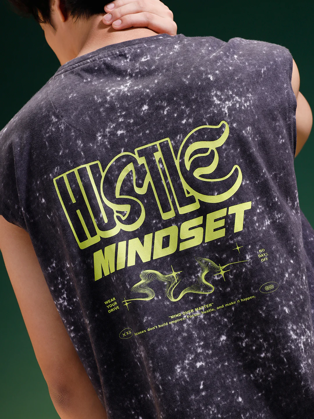 Hustle Black Oversized Printed Acid Wash Vest - Image 2