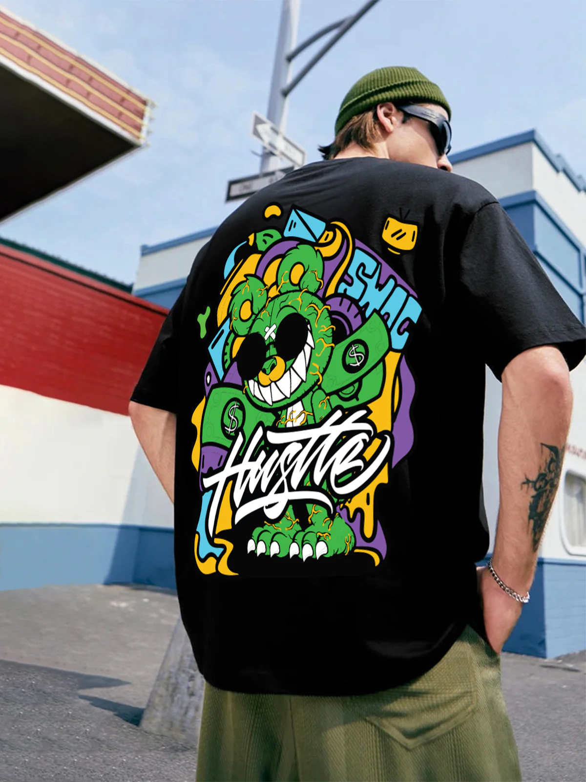 Hustle Black Oversized Back Graphic Printed T-shirt - Image 2