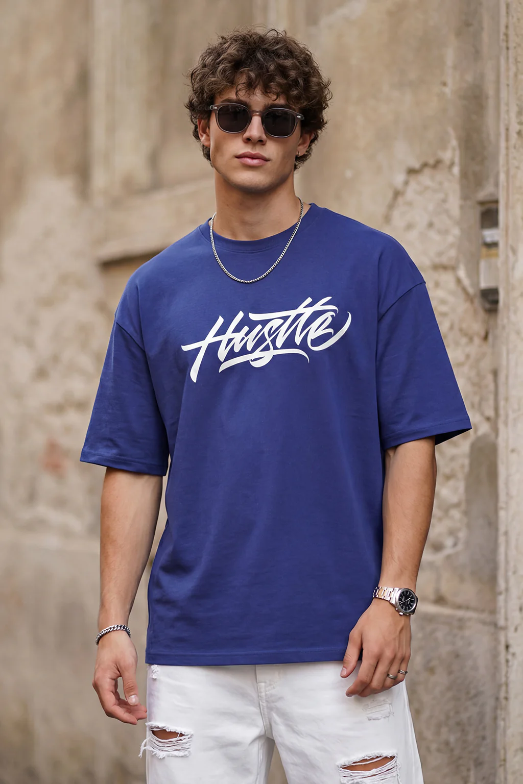 HUSTLE Blue Oversized Graphic Back Printed T-shirt - Image 3