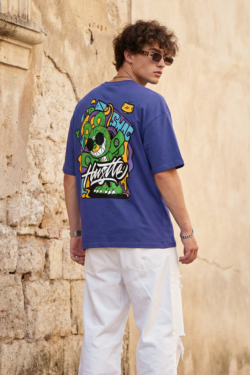 HUSTLE Blue Oversized Graphic Back Printed T-shirt - Image 4