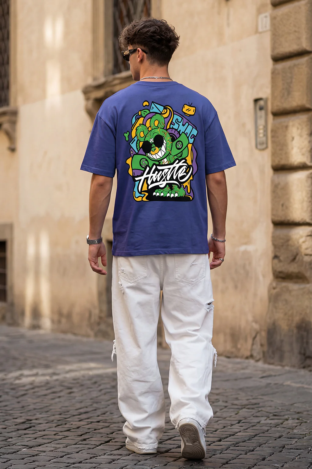 HUSTLE Blue Oversized Graphic Back Printed T-shirt - Image 5