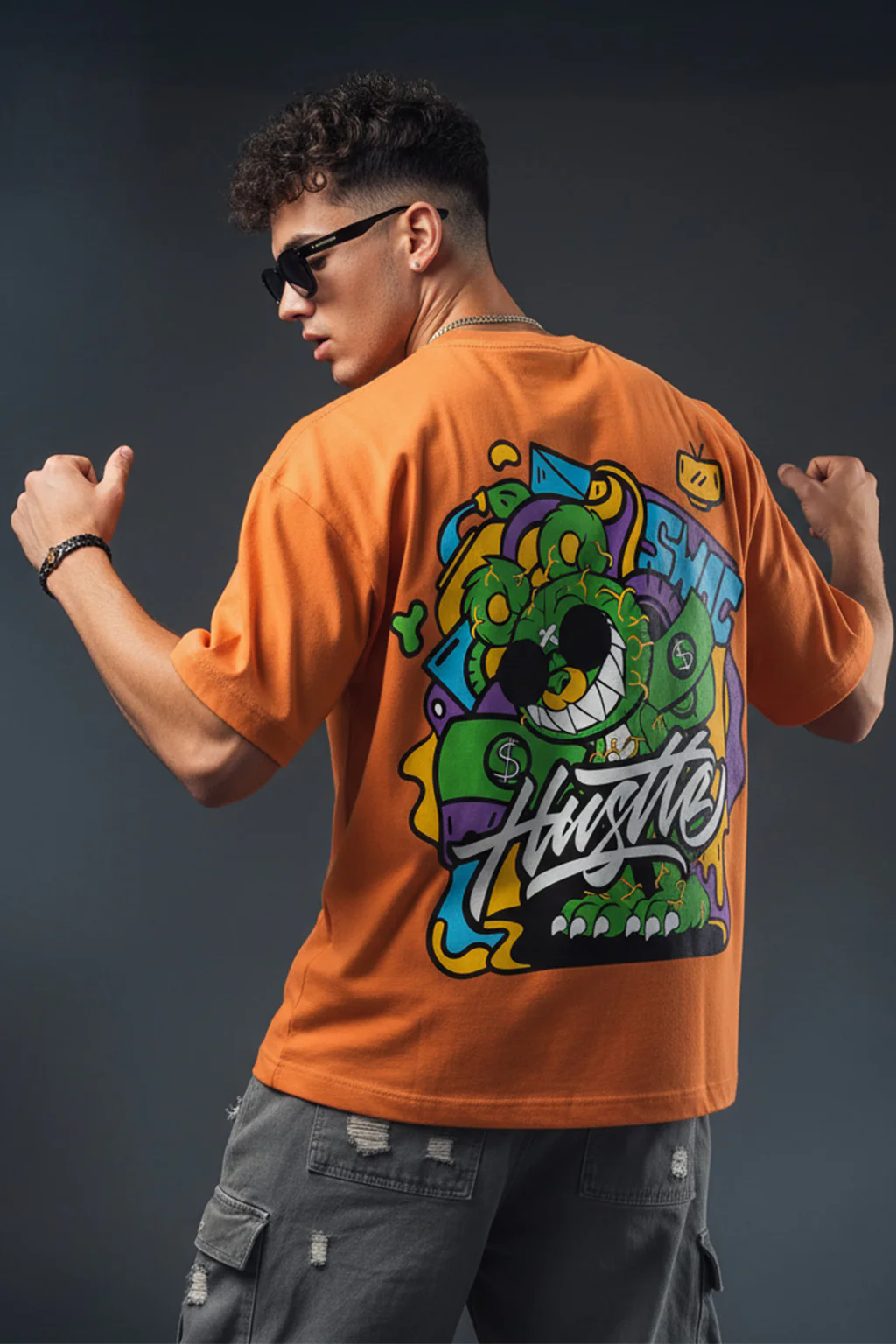 HUSTLE Orange Oversized Back Graphic Printed T-shirt - Image 3