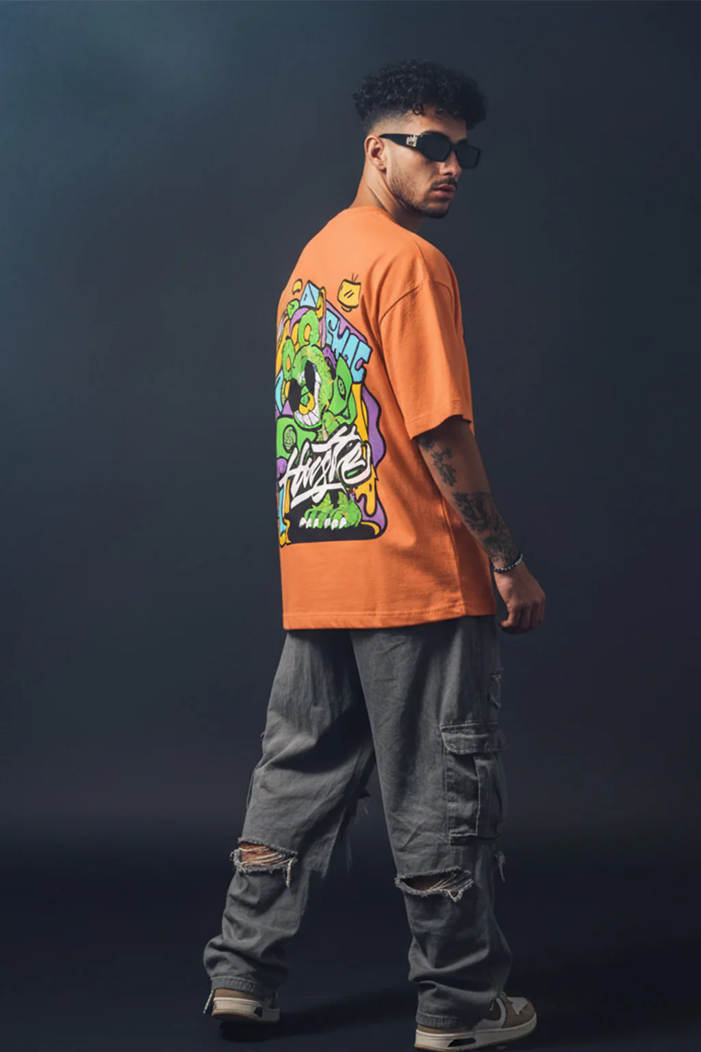 HUSTLE Orange Oversized Back Graphic Printed T-shirt - Image 4