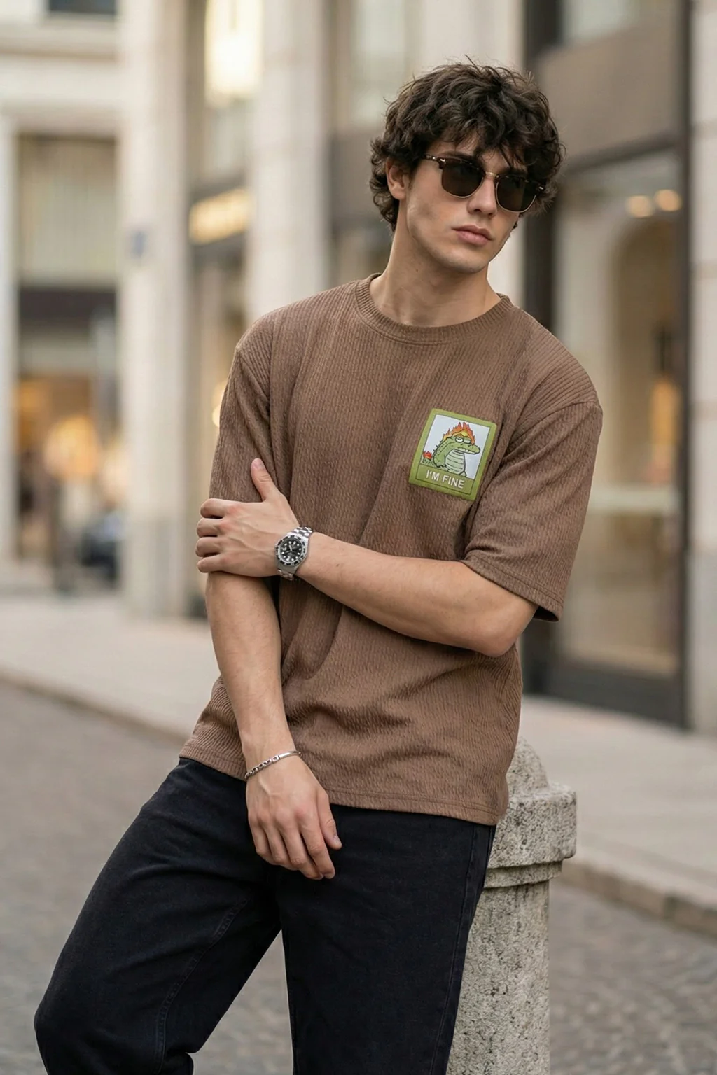 I'm Fine Brown Oversized Textured T-shirt - Image 3