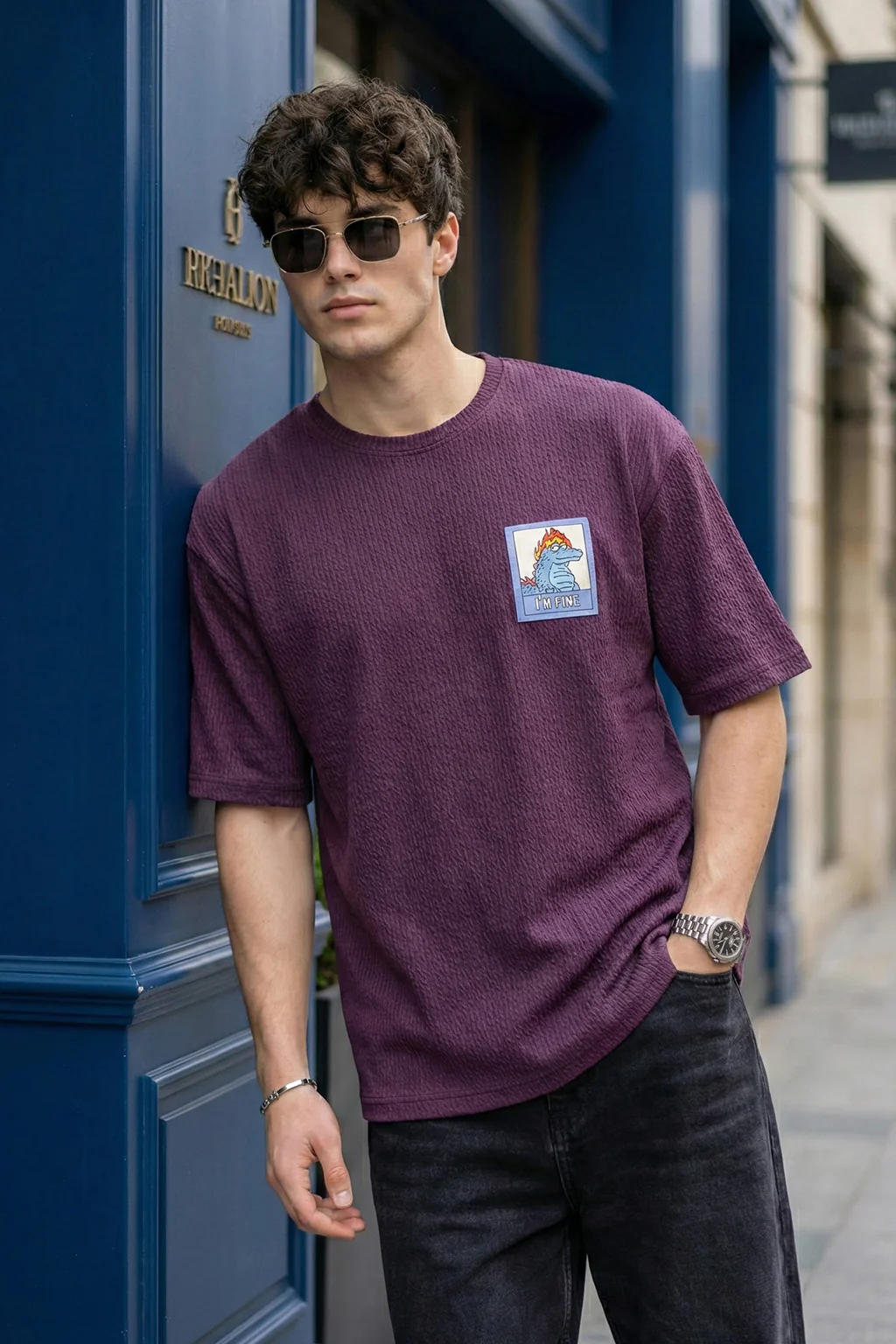 I'm Fine Wine Oversized Textured T-shirt - Image 3