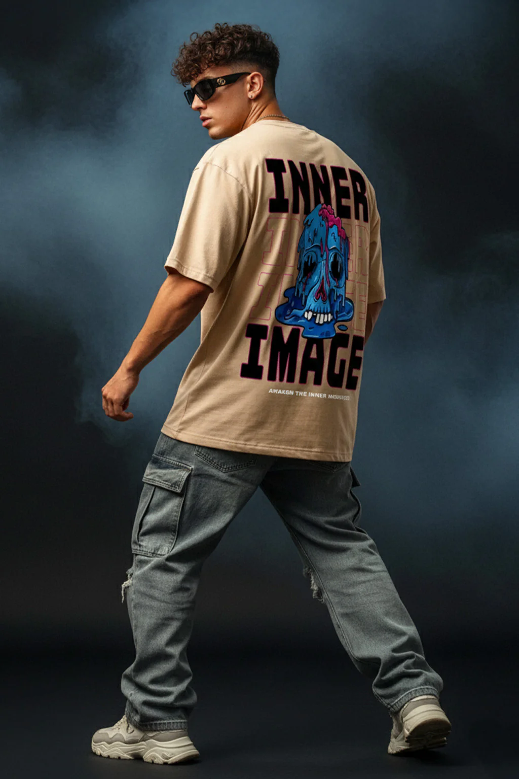 INNER IMAGE Beige Oversized Back Graphic Printed T-shirt - Image 3