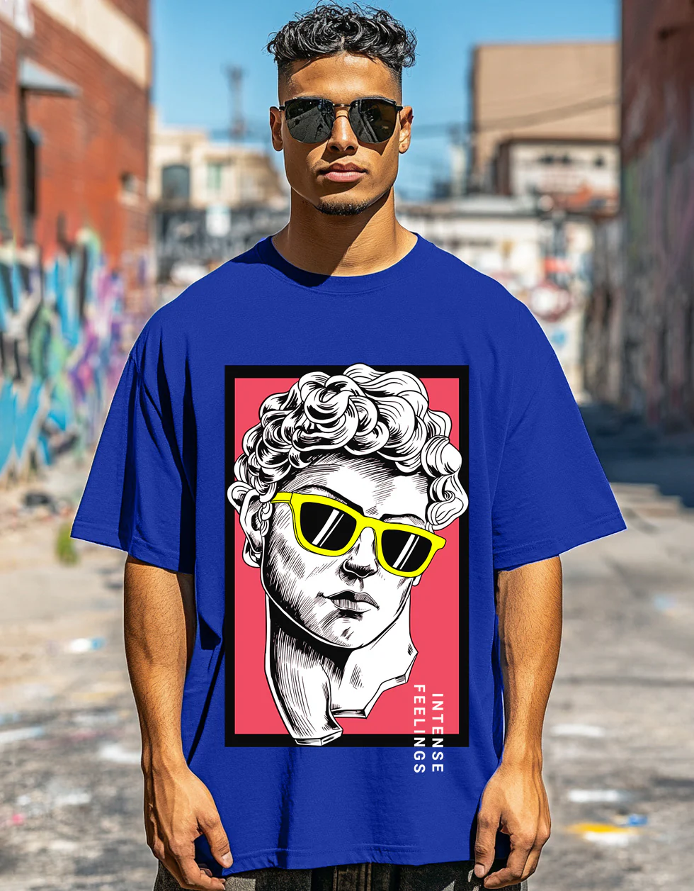 INTENSE FEELINGS Blue Oversized Front Graphic Printed T-shirt