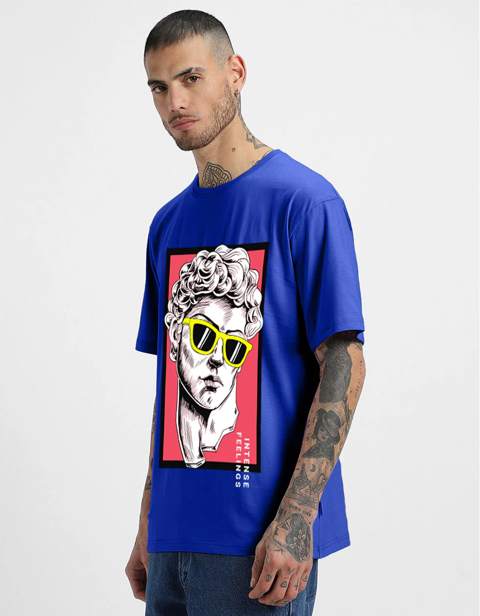 INTENSE FEELINGS Blue Oversized Front Graphic Printed T-shirt - Image 3