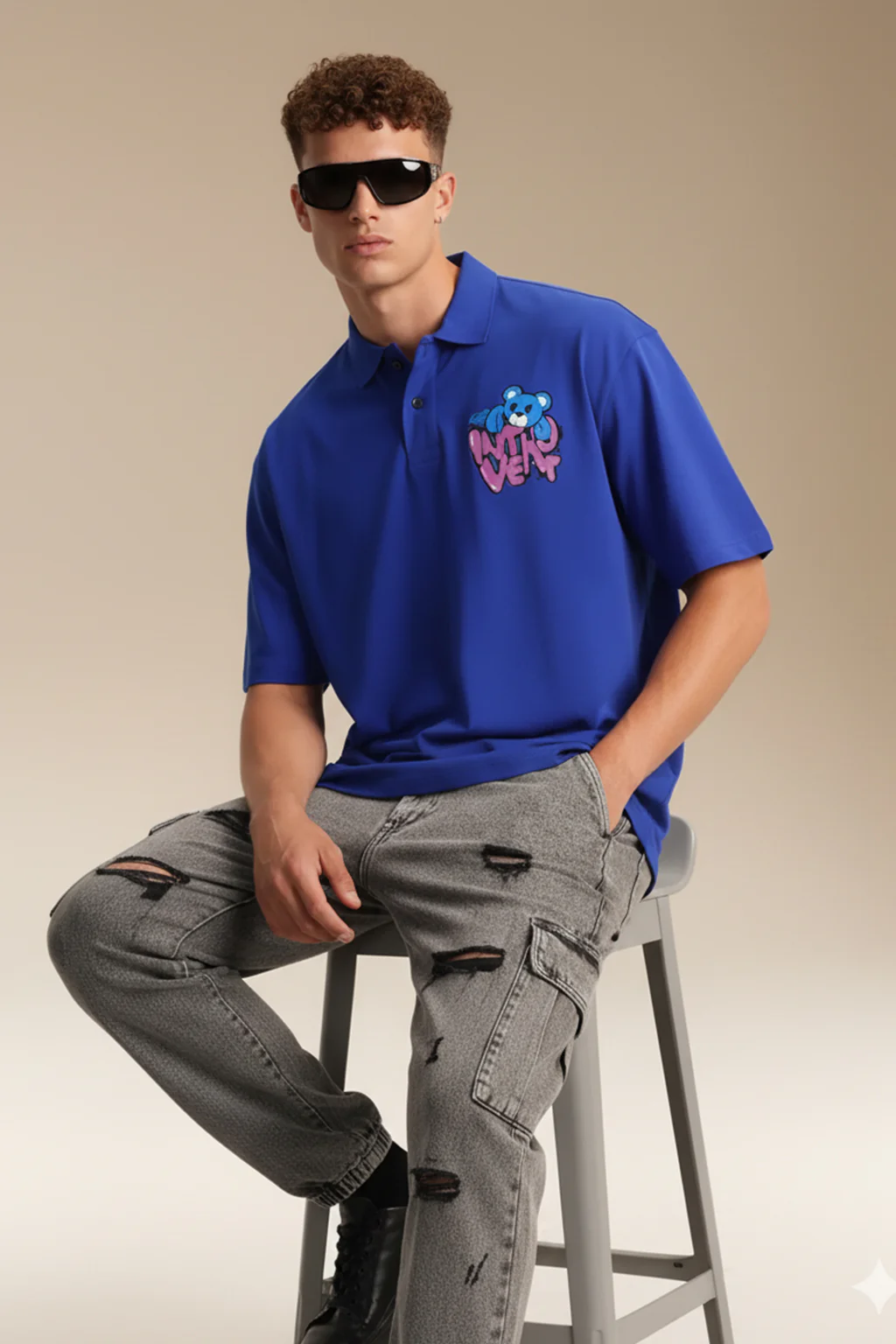 Introvert Blue Oversized Polo T-shirt - Image 3