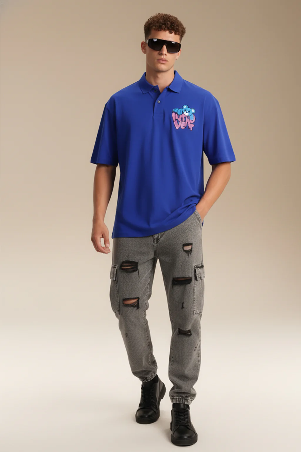 Introvert Blue Oversized Polo T-shirt - Image 4