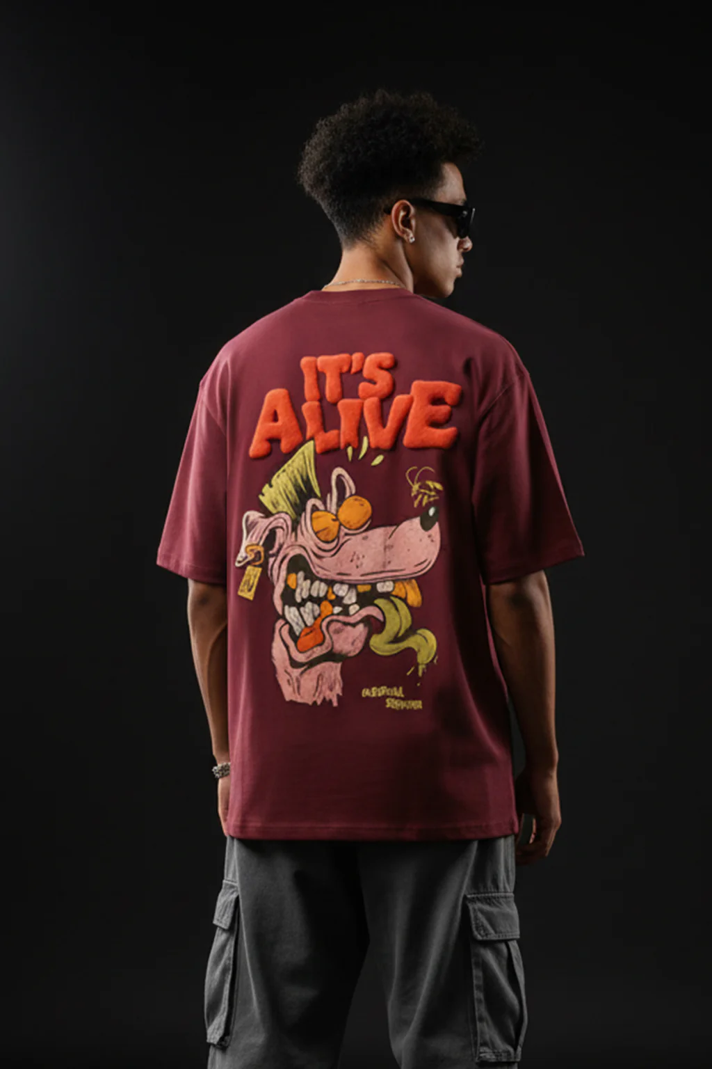 It's Alive Maroon Oversized Puff Printed Exclusive T-shirt - Image 3