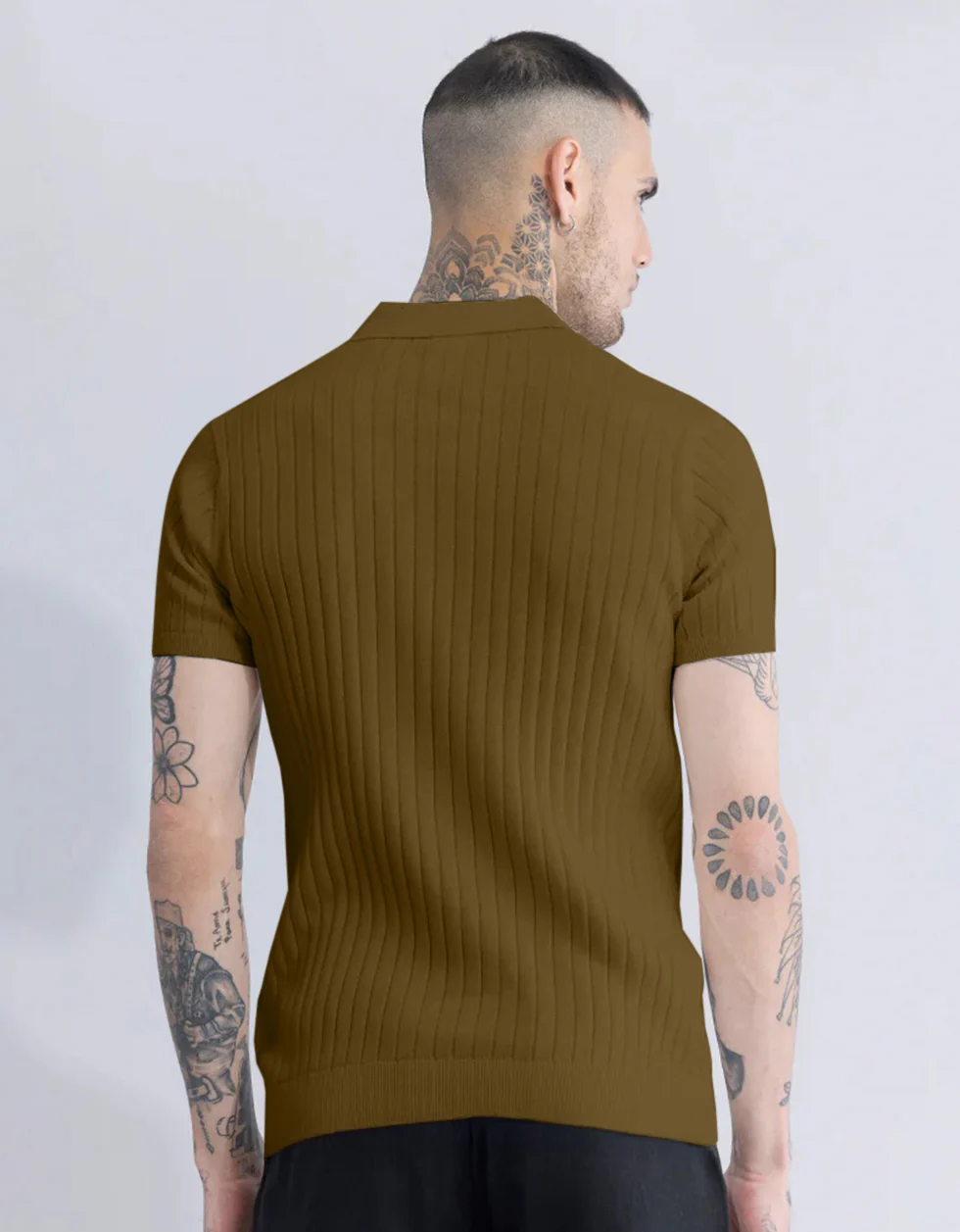 Khakhi Ribbed Flatknit Textured Regular Fit Exclusive Polo T-Shirt - Image 3