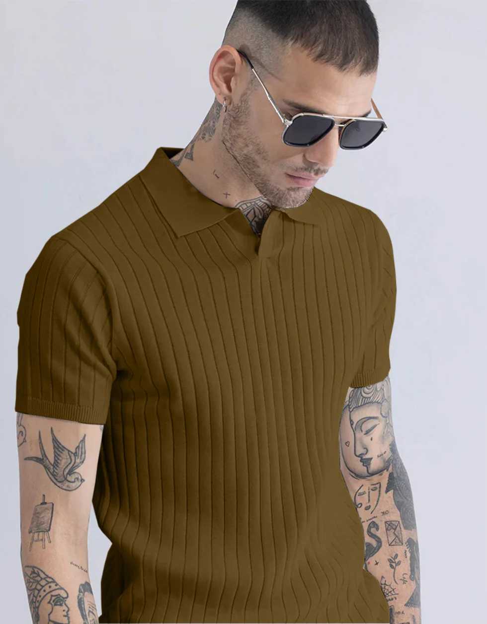 Khakhi Ribbed Flatknit Textured Regular Fit Exclusive Polo T-Shirt - Image 4
