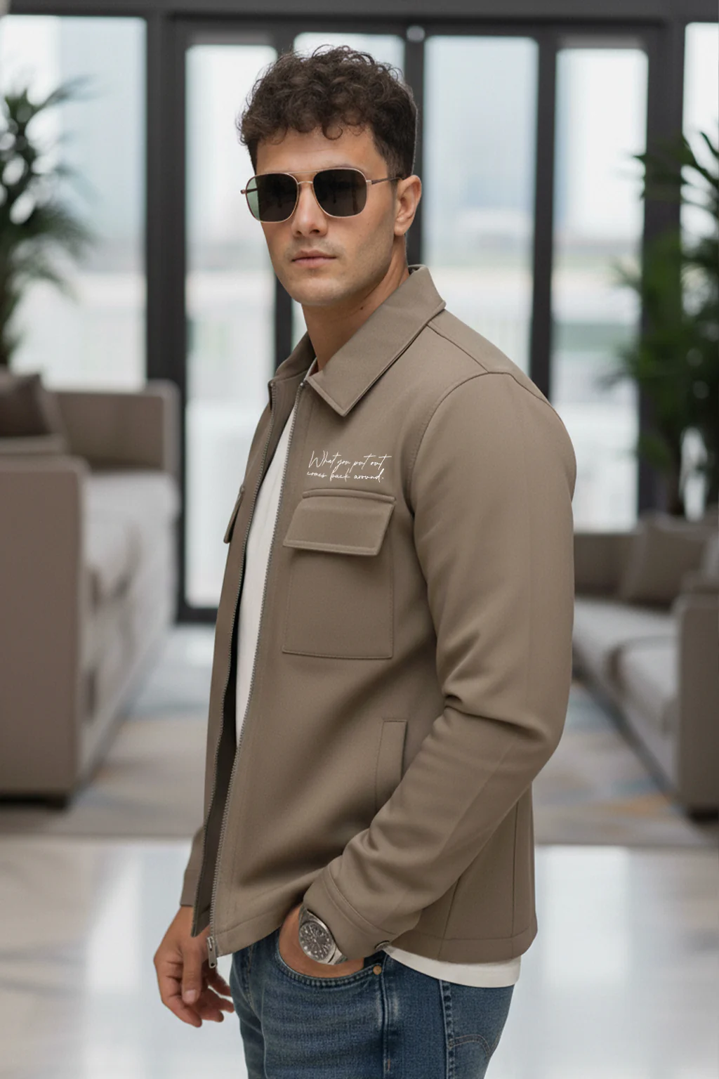 Khaki 4-Pocket Regular Fit Nylon Exclusive Shacket - Image 6