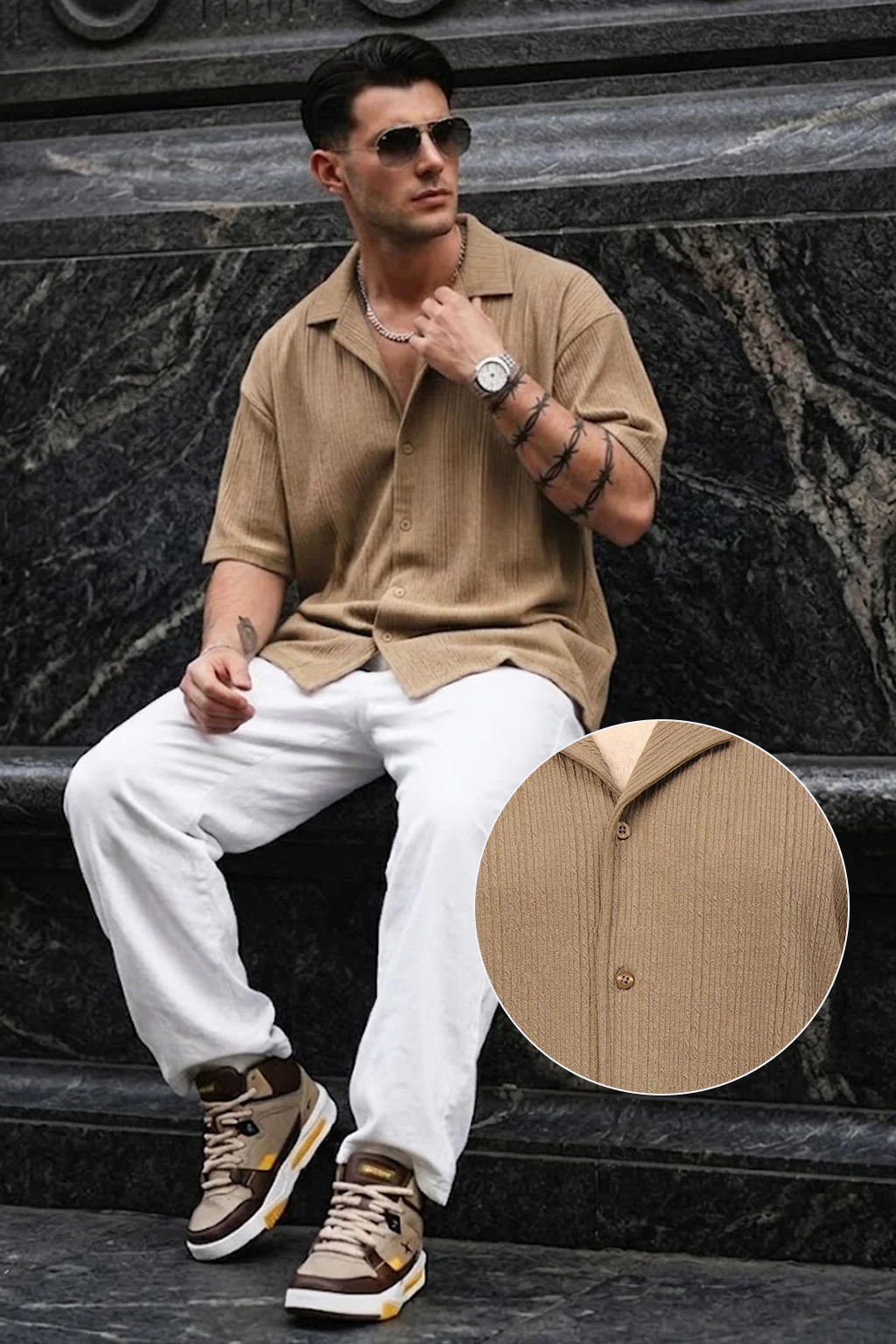 Khaki Textured Plain Oversized Exclusive Shirt - Image 6