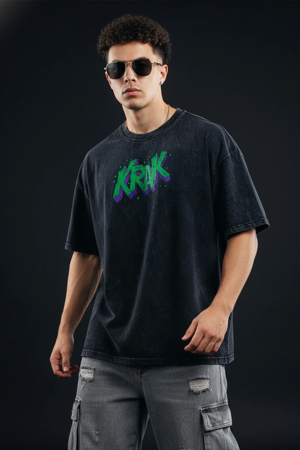 Krak Black Oversized Acid Washed Graphic Back Printed Exclusive T-shirt - Image 3