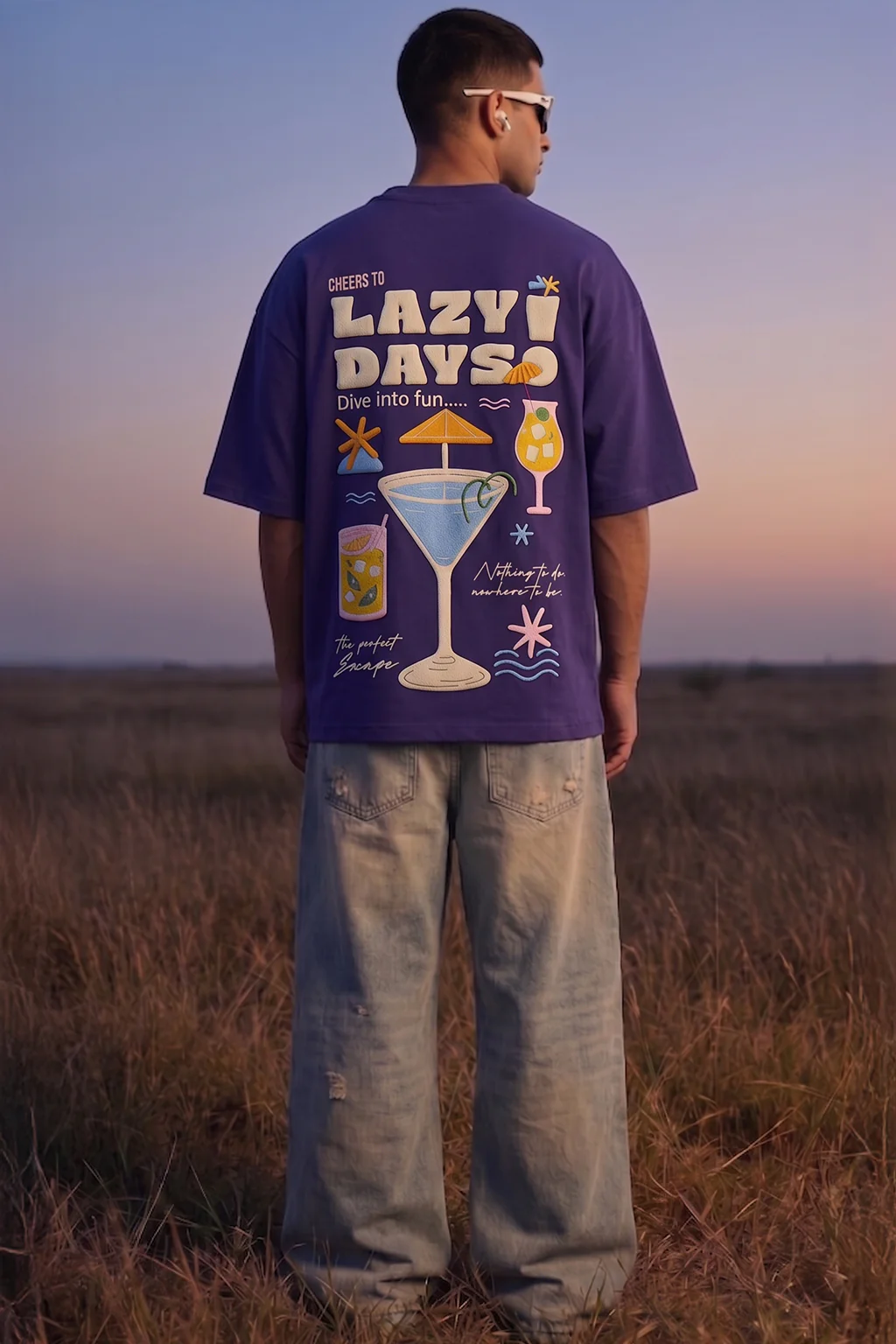Lazy Days Skipper Blue Oversized Puff Printed Exclusive T-shirt