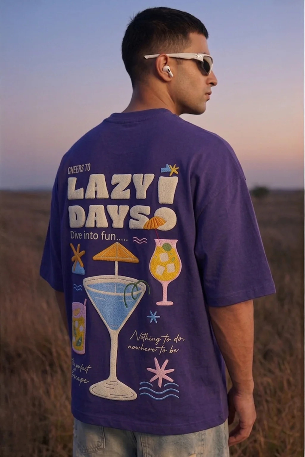 Lazy Days Skipper Blue Oversized Puff Printed Exclusive T-shirt - Image 3