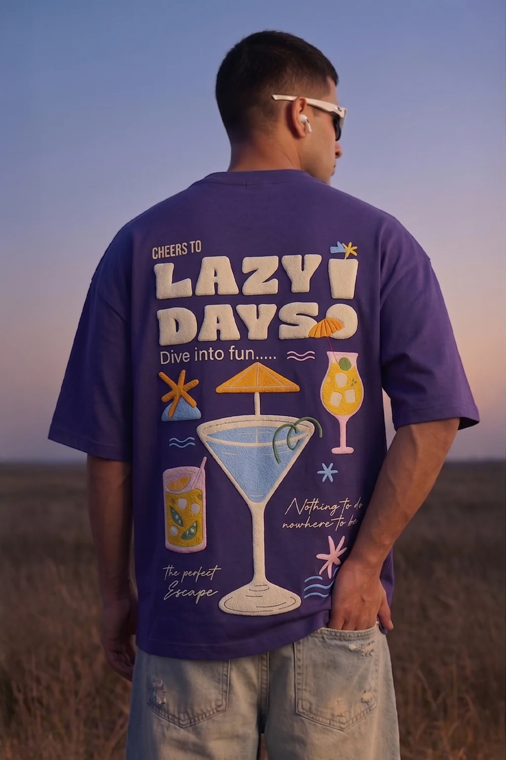 Lazy Days Skipper Blue Oversized Puff Printed Exclusive T-shirt - Image 5