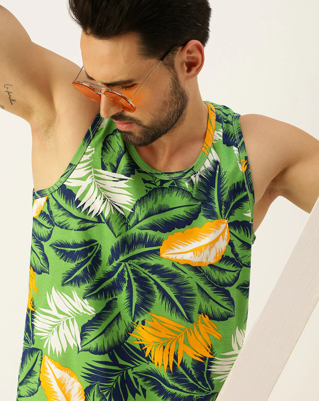Leaf Printed Green Gym Vest - Image 4