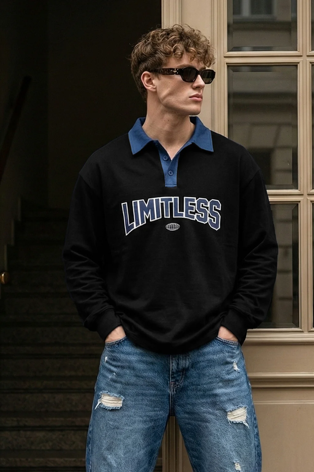 Limitless Balck & Navy Oversized Full Sleeve Polo T-shirt - Image 4