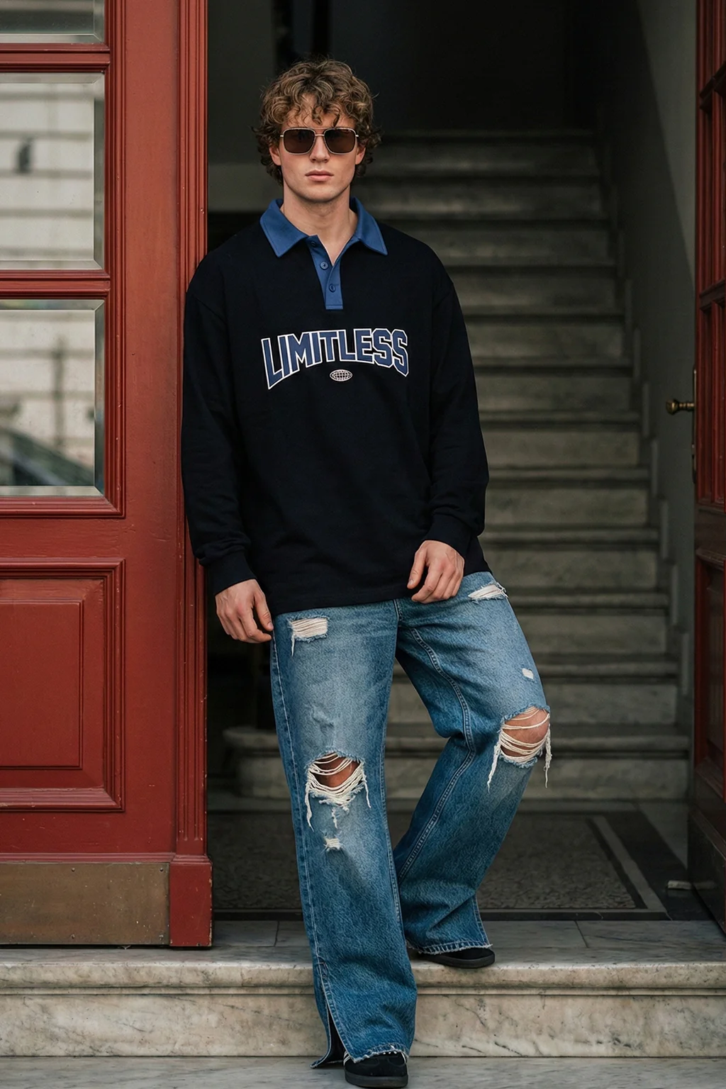 Limitless Balck & Navy Oversized Full Sleeve Polo T-shirt - Image 6