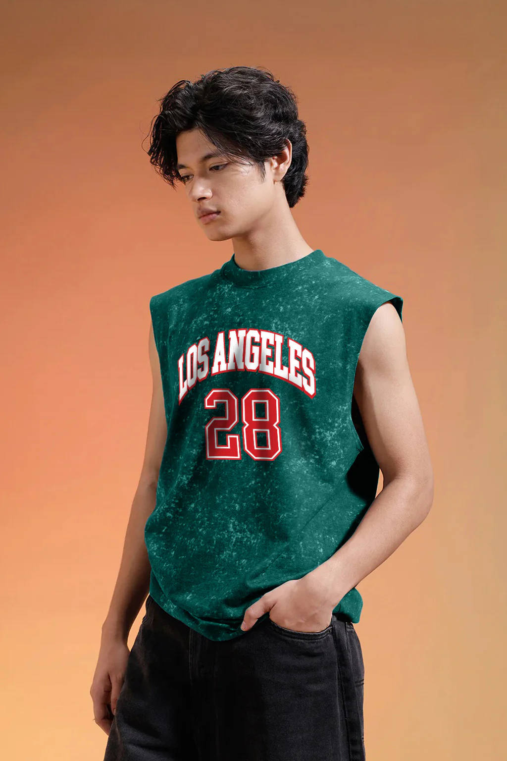 Los Angeles Green Oversized Printed Acid Wash Vest